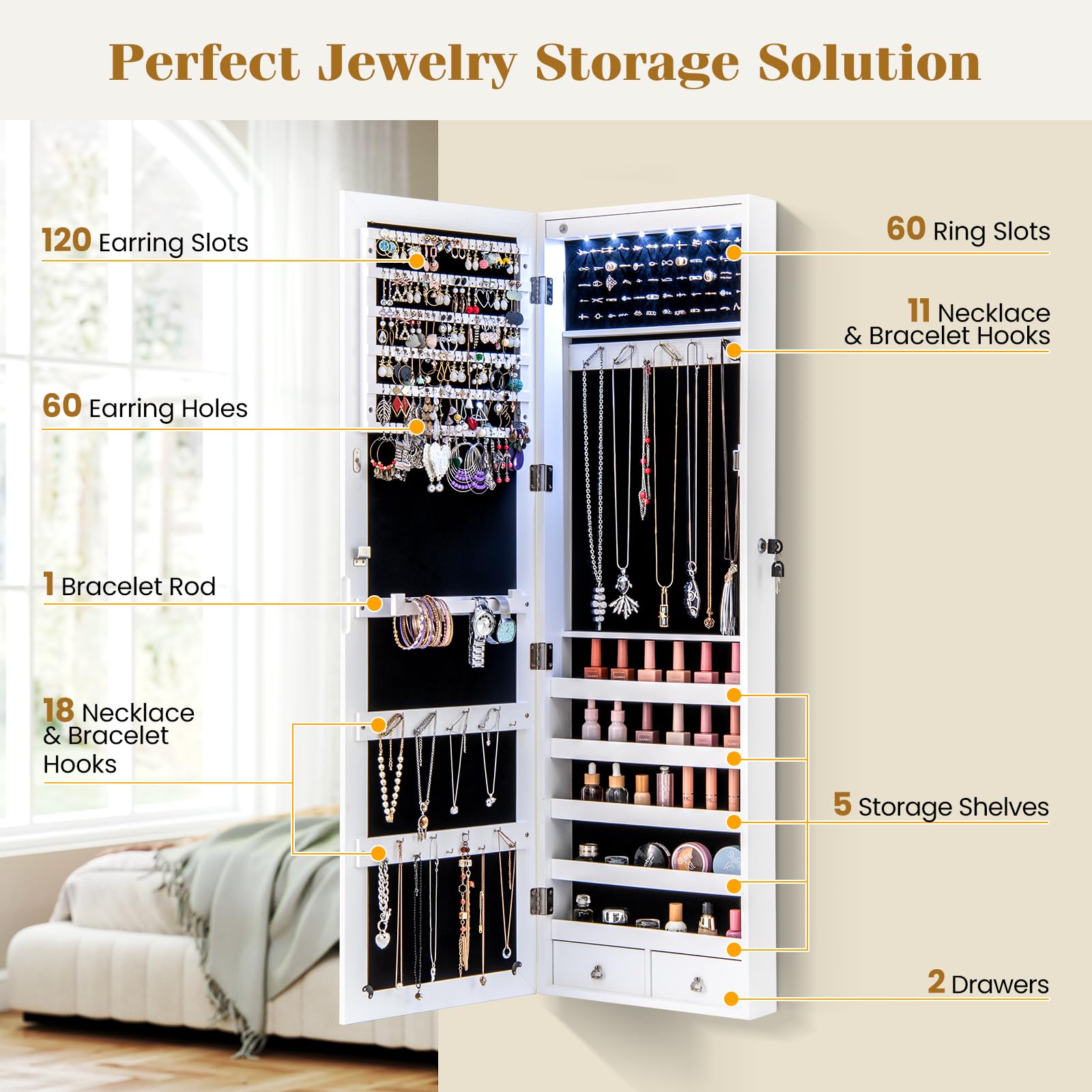 Wall Mounted Jewelry Armoire with 47" Full Length Mirror