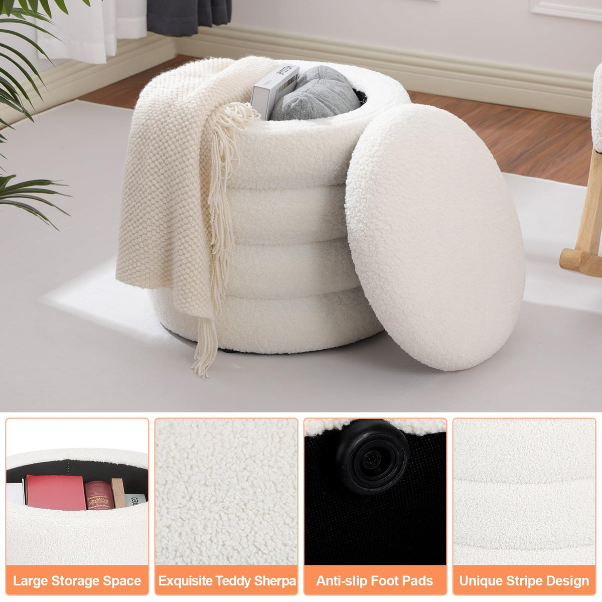 Teddy Sherpa Round Ottoman with Storage