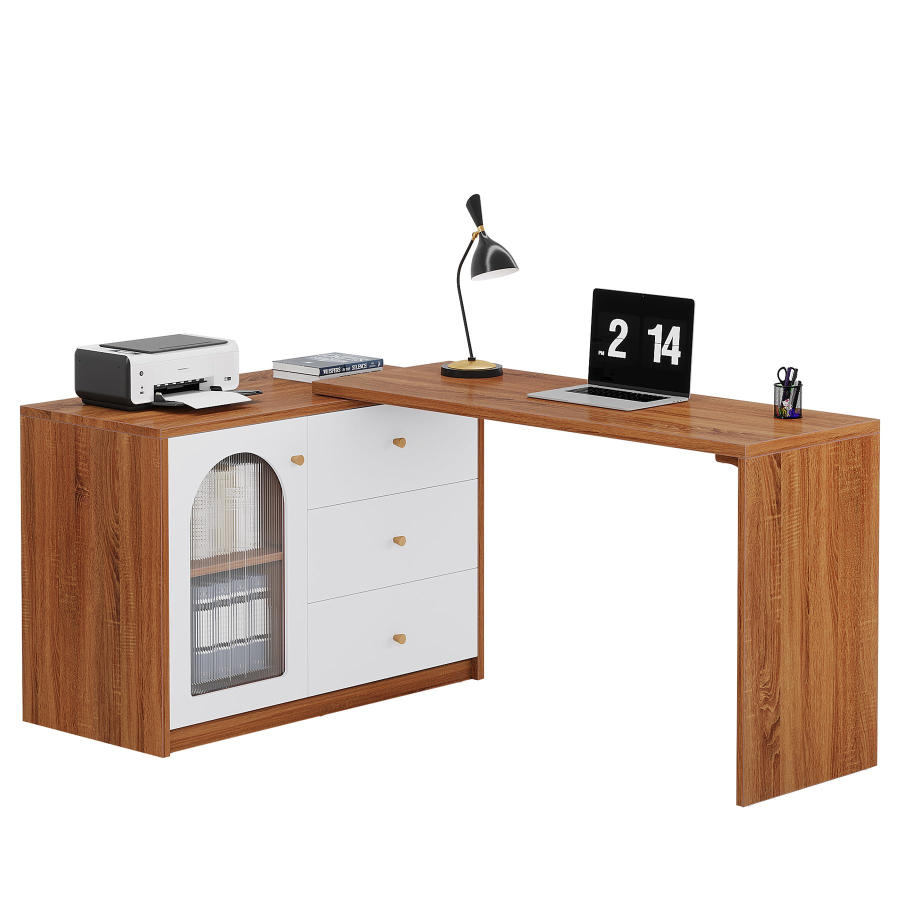 L-Shaped Computer Desk with Drawers and Reversible Storage Cabinet