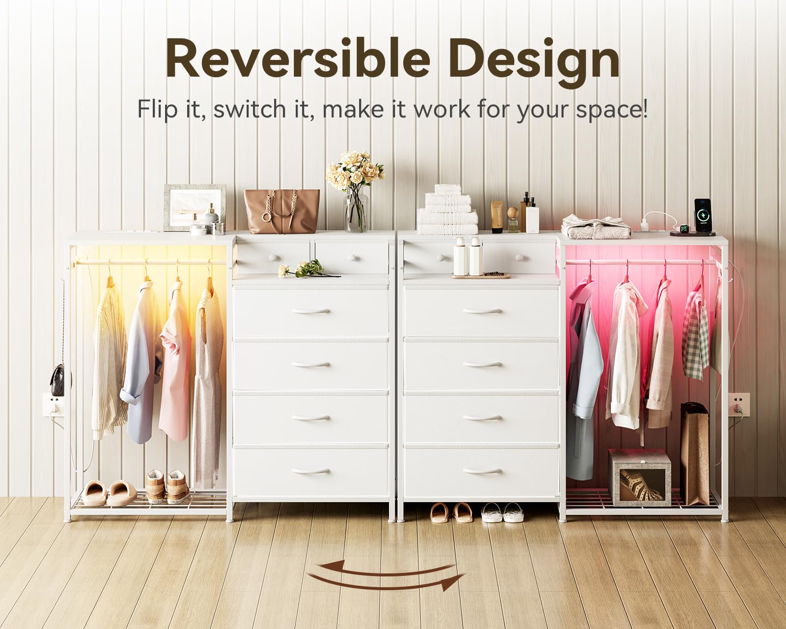 White Dresser with LED Lights and Charging Station