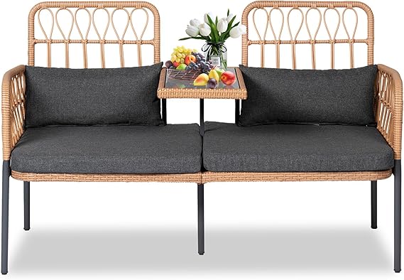 2 Seat Outdoor Rattan Loveseat with Built-In Table