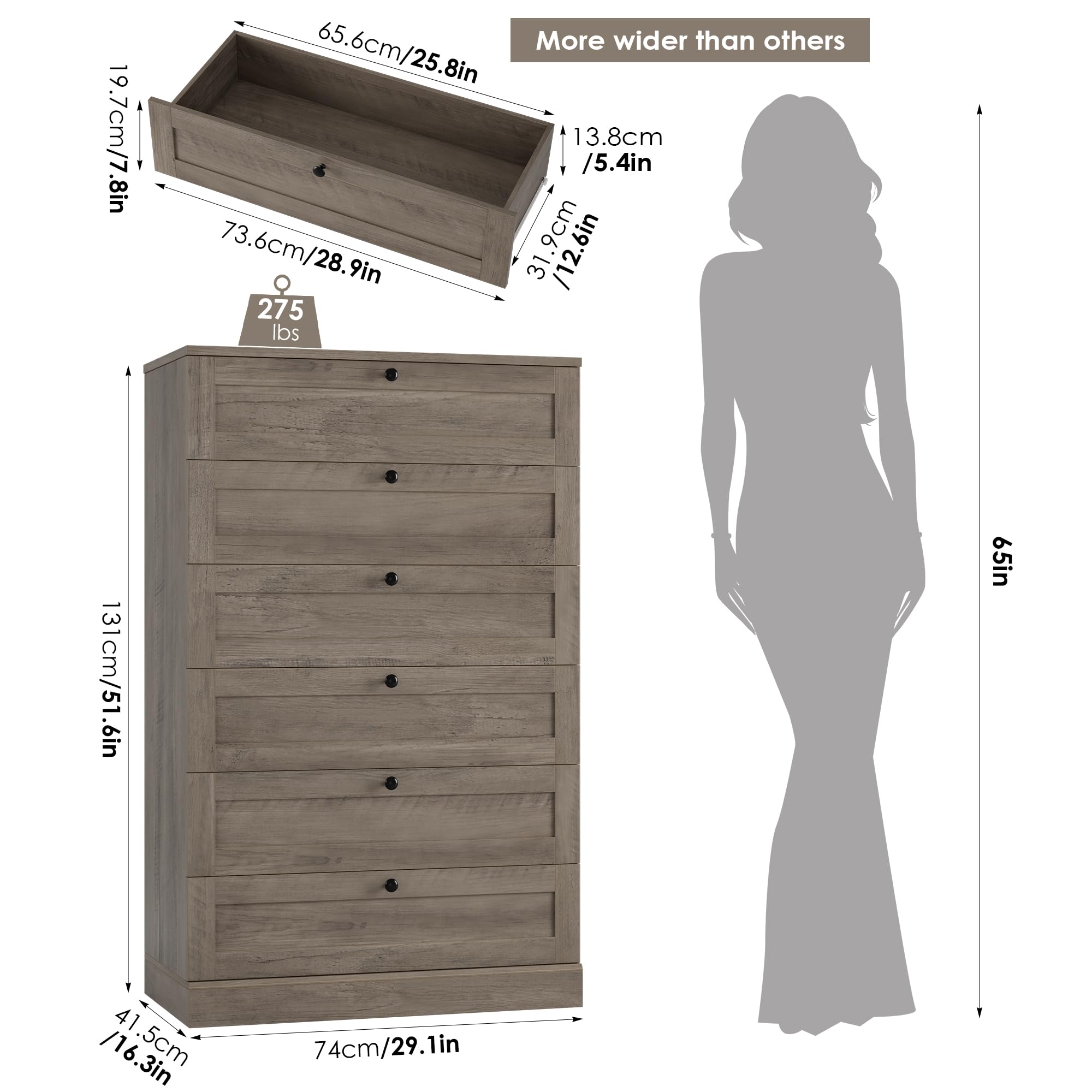 6 Drawer Dresser 52" Tall Chest