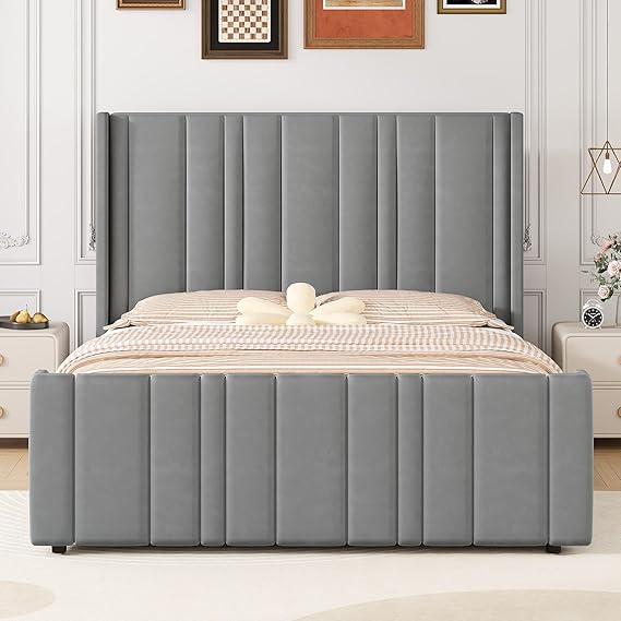 Pink Velvet Queen Bed Frame with Tufted Headboard