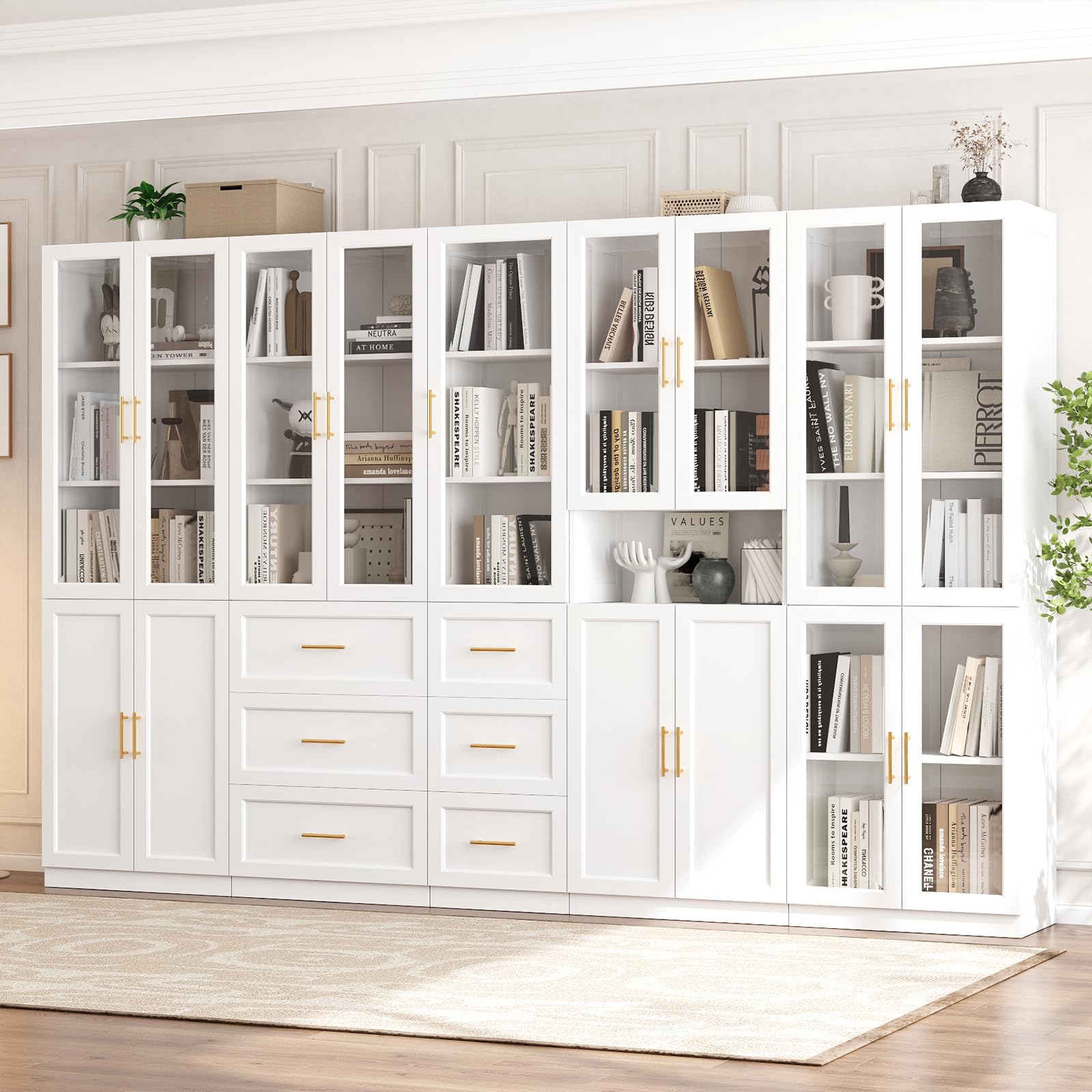 White Bookcase with Glass Doors and Drawers
