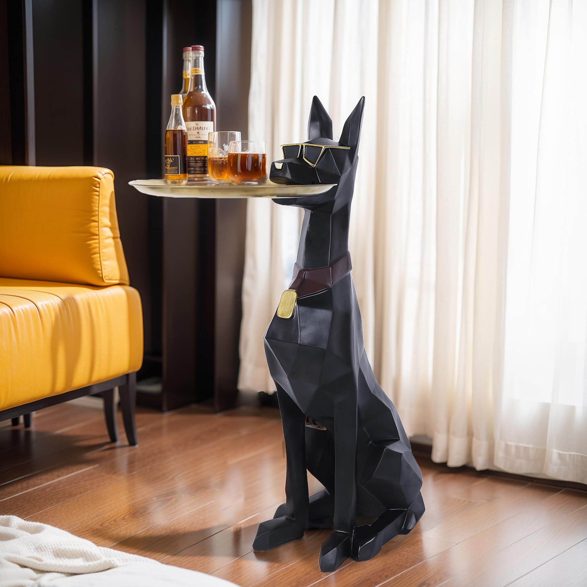 Geometric Dog Butler Statue Accent Table with Tray