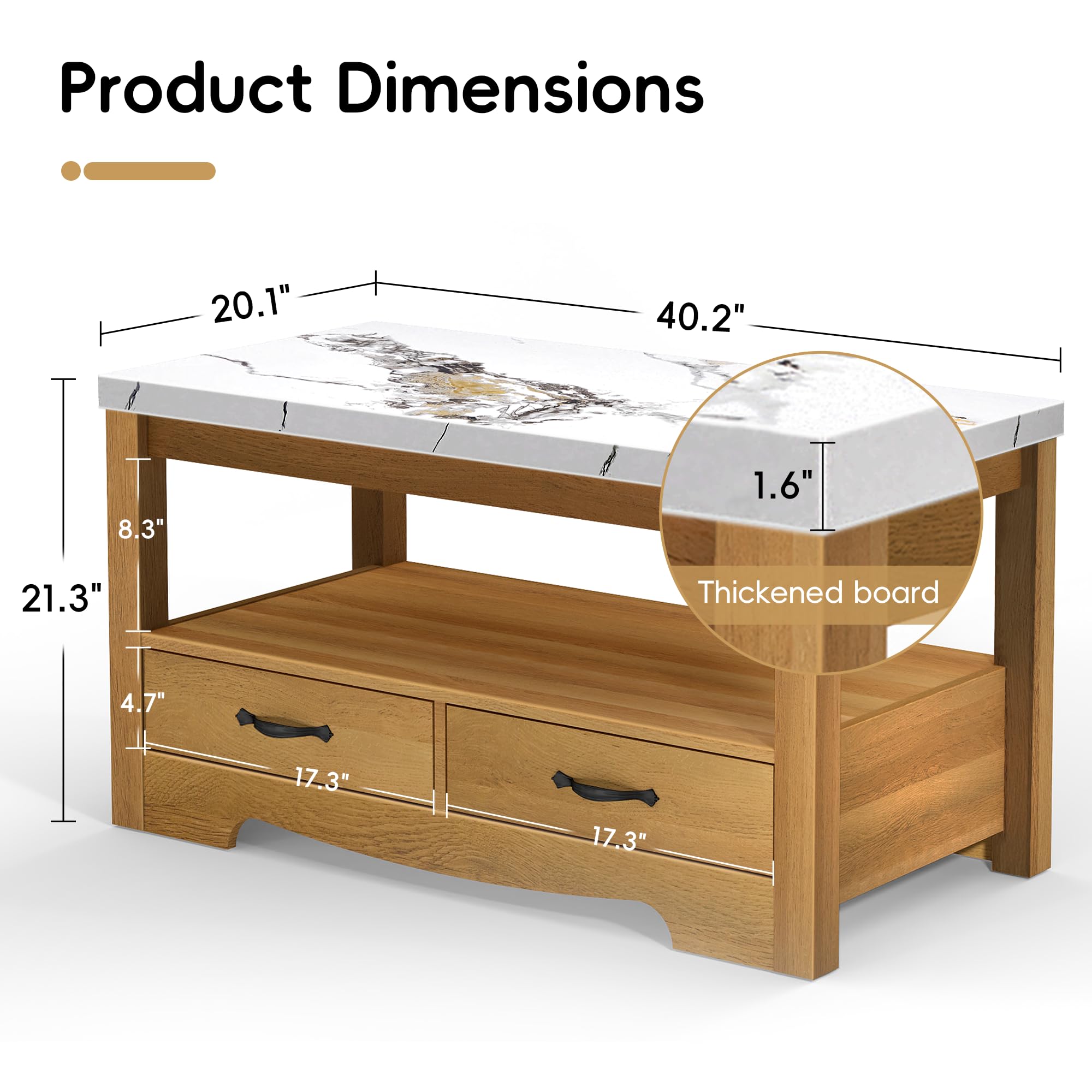 40" Faux Marble Coffee Table with Storage Drawers