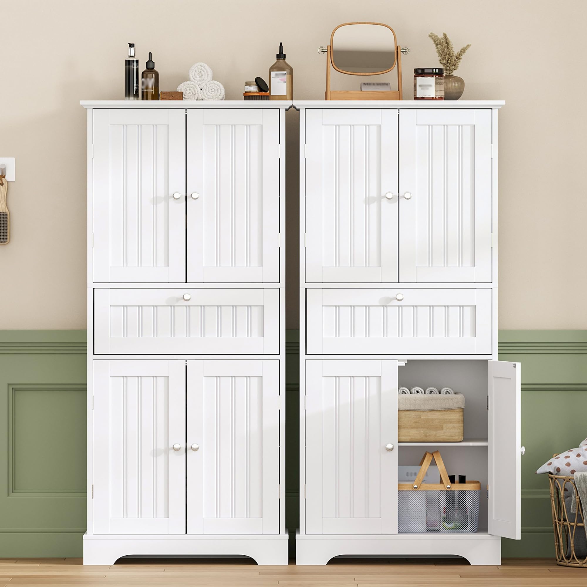51" Tall Bathroom Floor Cabinet with Drawer and Adjustable Shelves