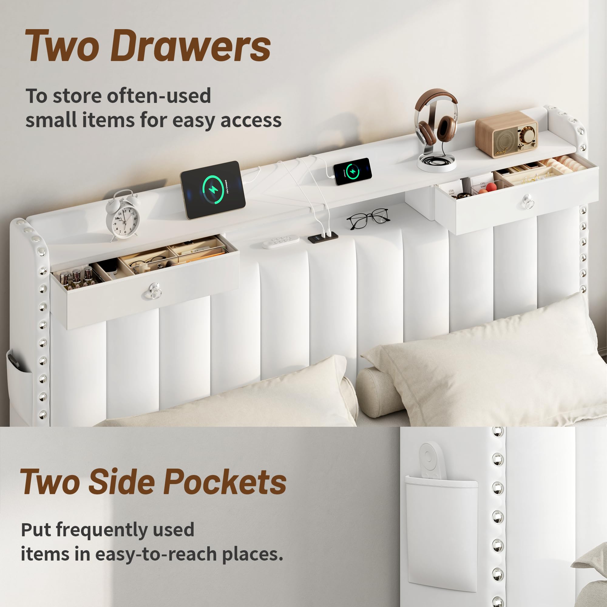 Queen Bed Frame with Storage Drawers and Charging Station