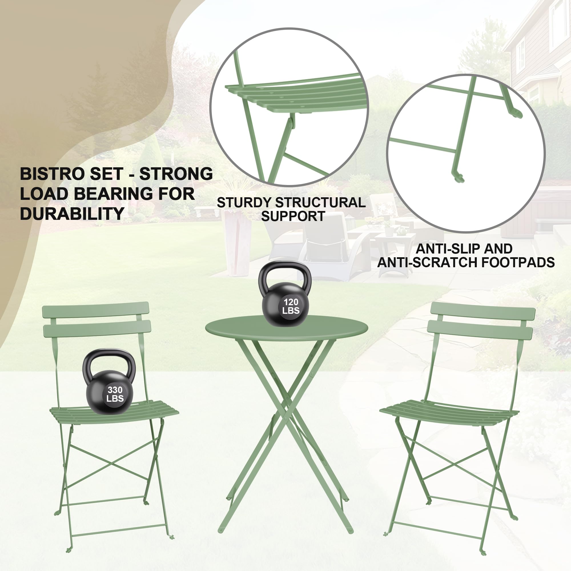 3-Piece Folding Bistro Set - Outdoor Patio Table and Chairs