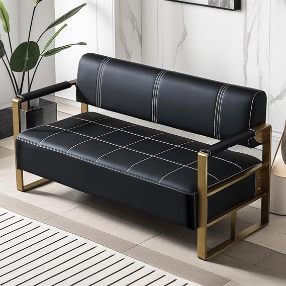 White Faux Leather Loveseat with Gold Metal Armrests