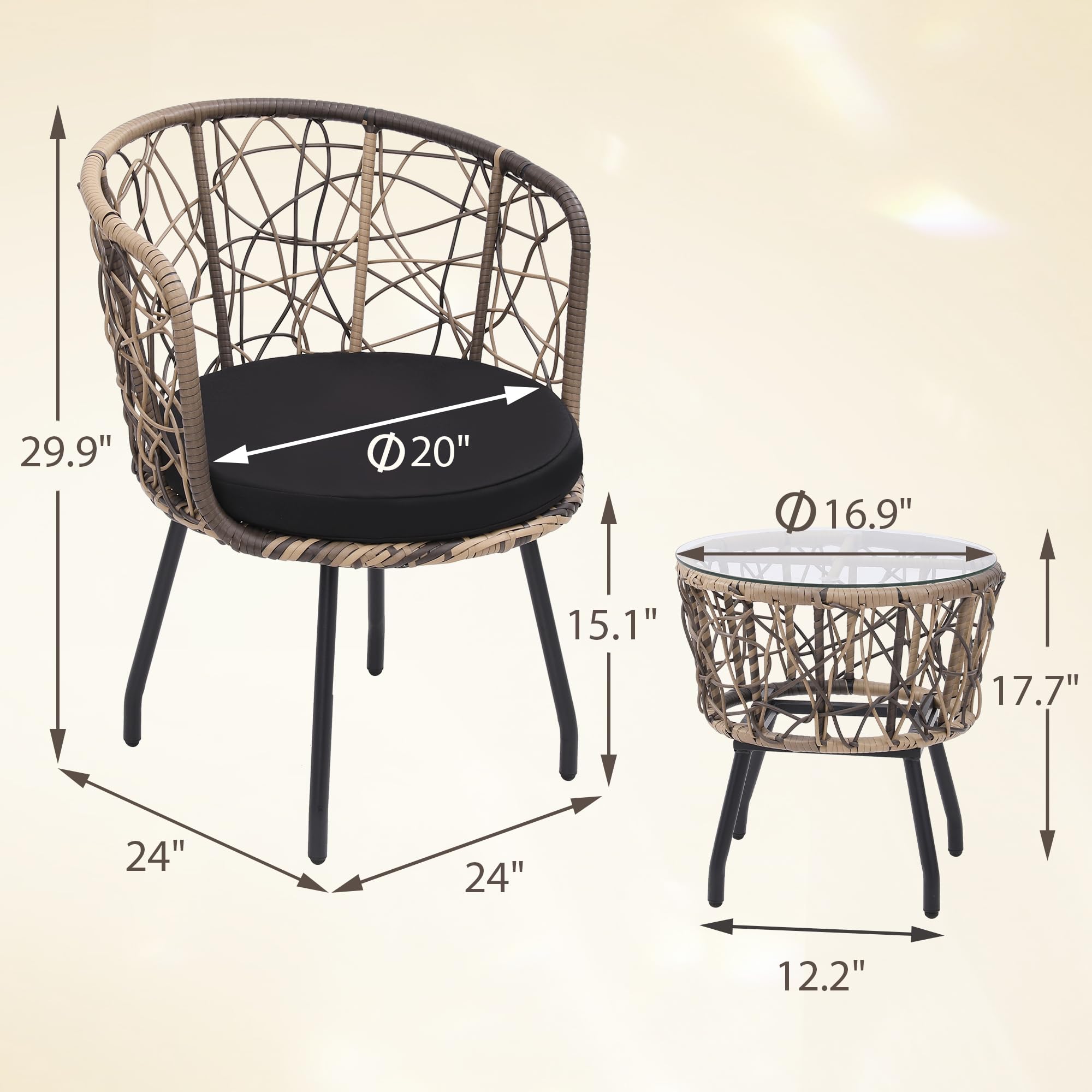 3 Piece Bistro Set with Tempered Glass Table and Wicker Chairs