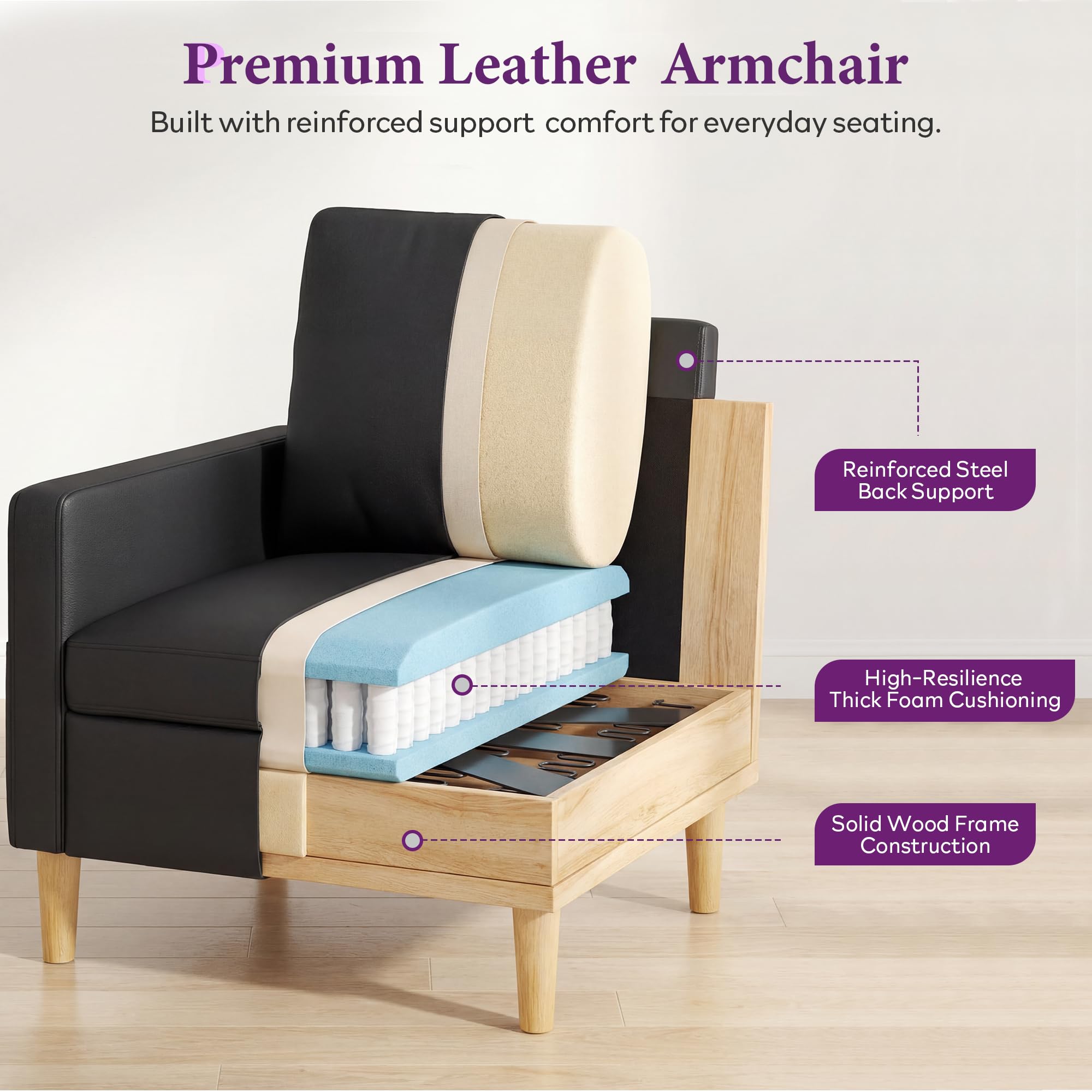 TYBOATLE Leather Chair w/Armrest Pockets, Solid Wood Accent Chairs Set of 2, Mid Century Modern Living Room Chairs, Comfy Waiting Room Chairs for Bedroom, Office, Black