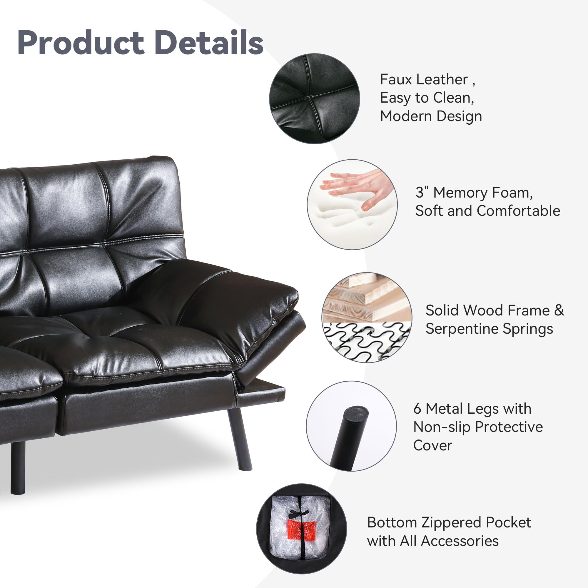 Convertible Faux Leather Futon Sofa Bed with Memory Foam