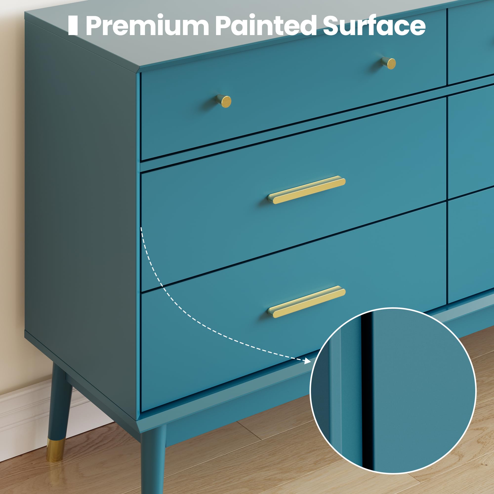 Teal Blue 6 Drawer Dresser with Gold Handles
