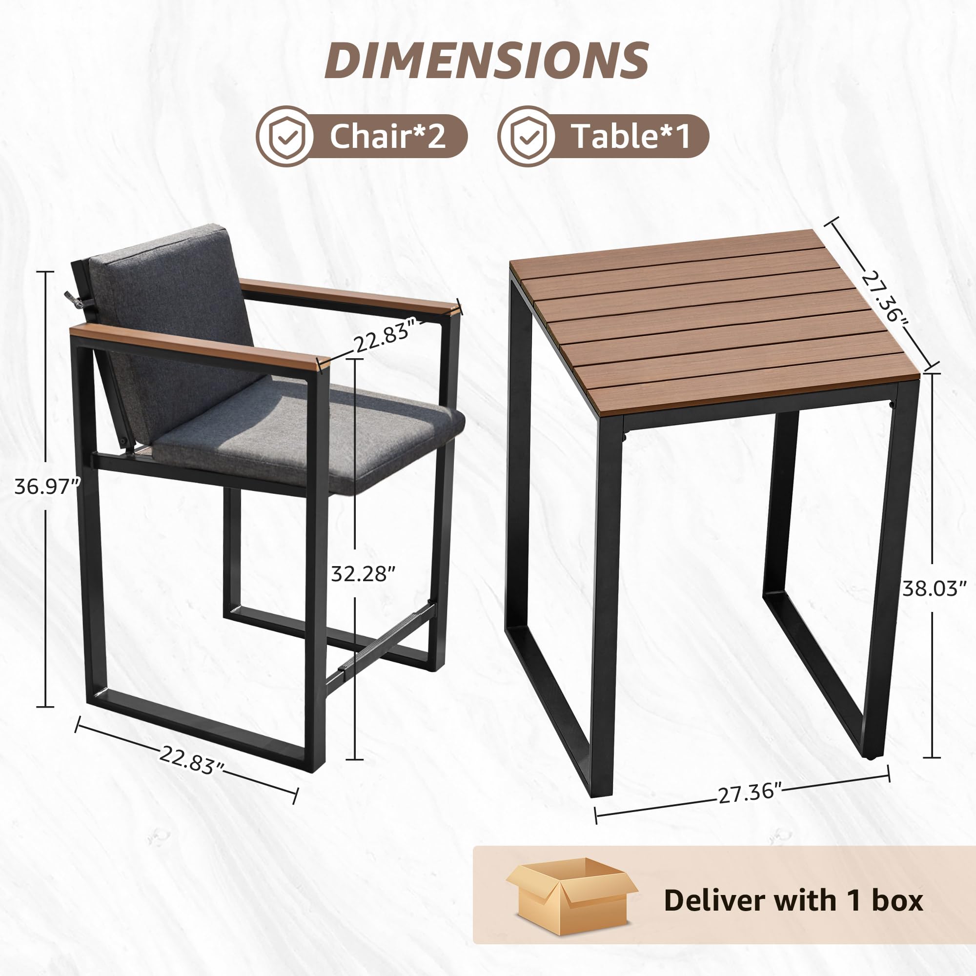3-Piece Outdoor Bar Table and Chairs Set with Removable Cushions