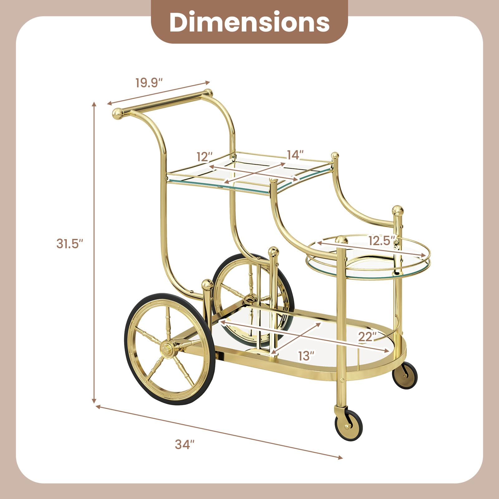 3-Tier Gold Bar Cart with Wheels