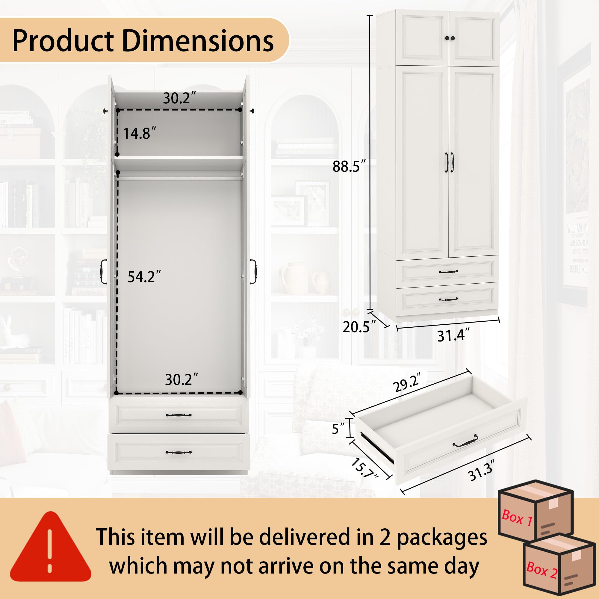 White Armoire Wardrobe Closet with Drawers and Hanging Rod