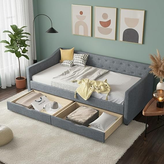 Twin Size Daybed with Two Drawers and Linen Upholstered Frame