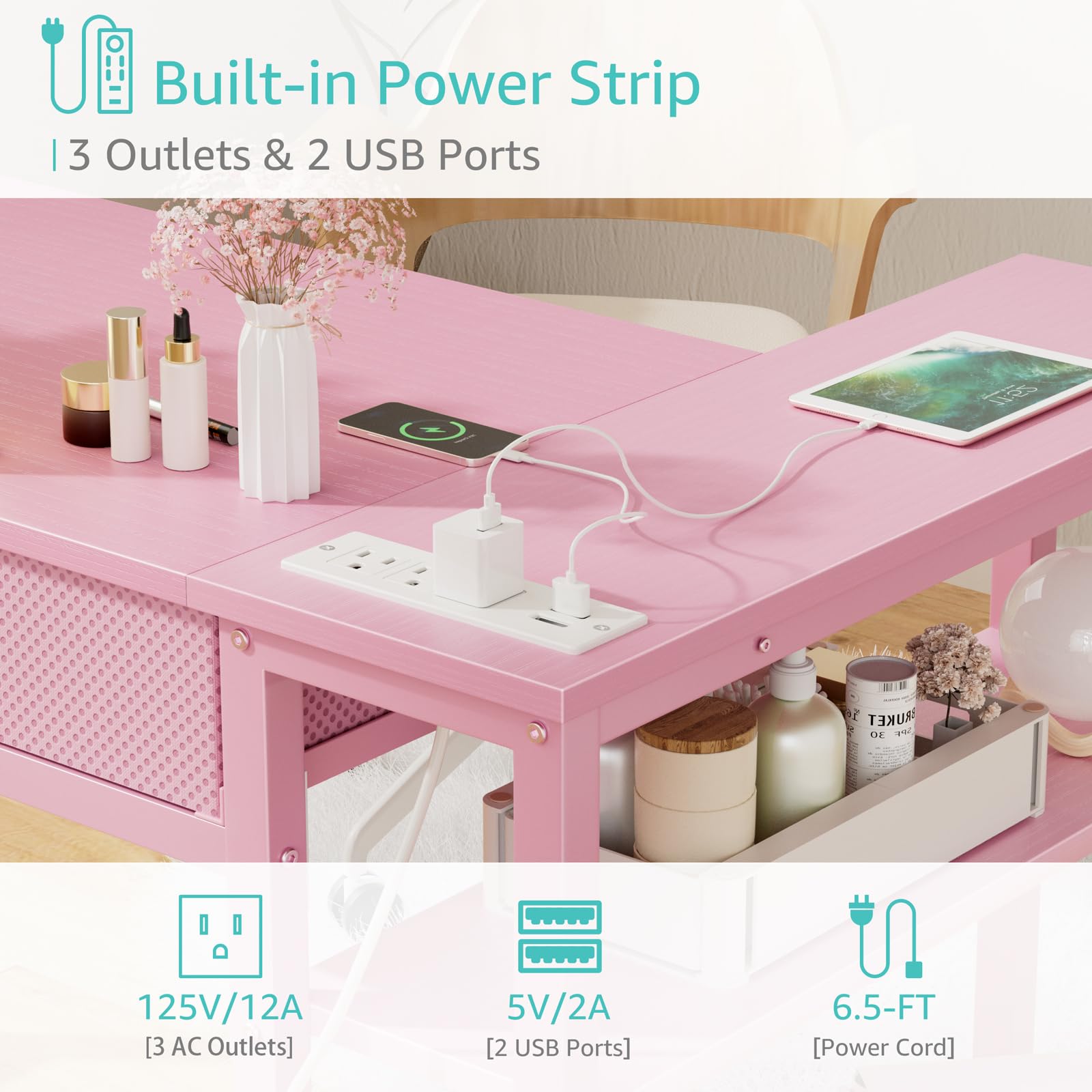 Pink Reversible L-Shaped Desk with Drawers and Shelves