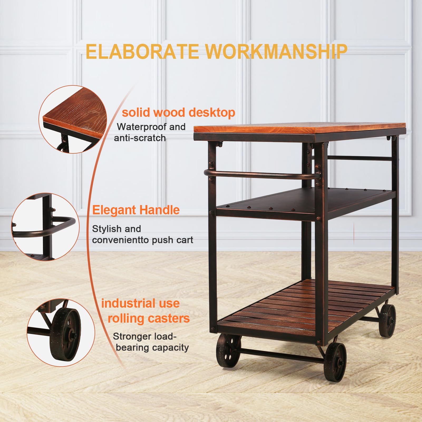 Industrial Bar Cart with Wheels - 3-Tier Metal Serving Cart