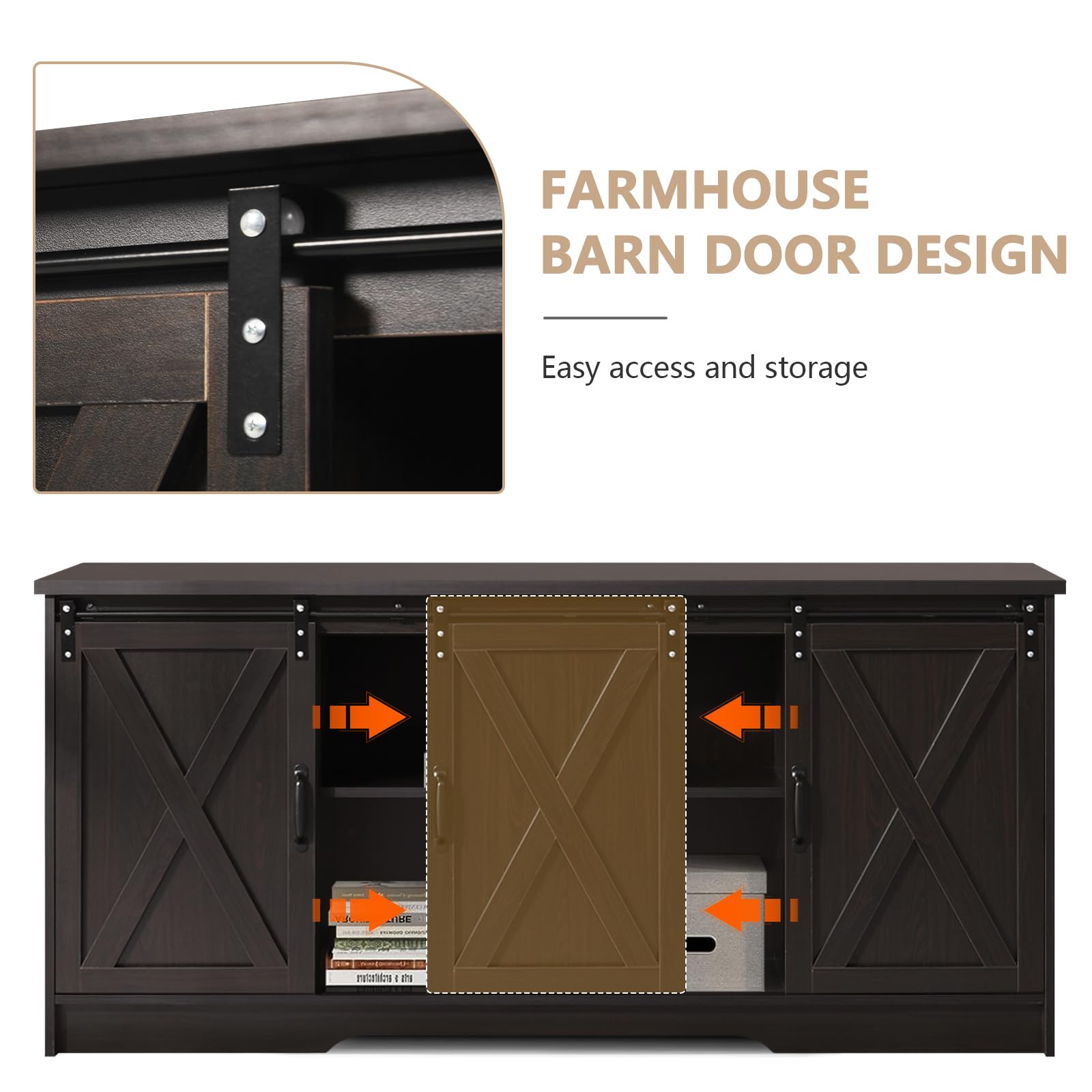 65 Inch TV Stand with Sliding Barn Doors and Storage Cabinets
