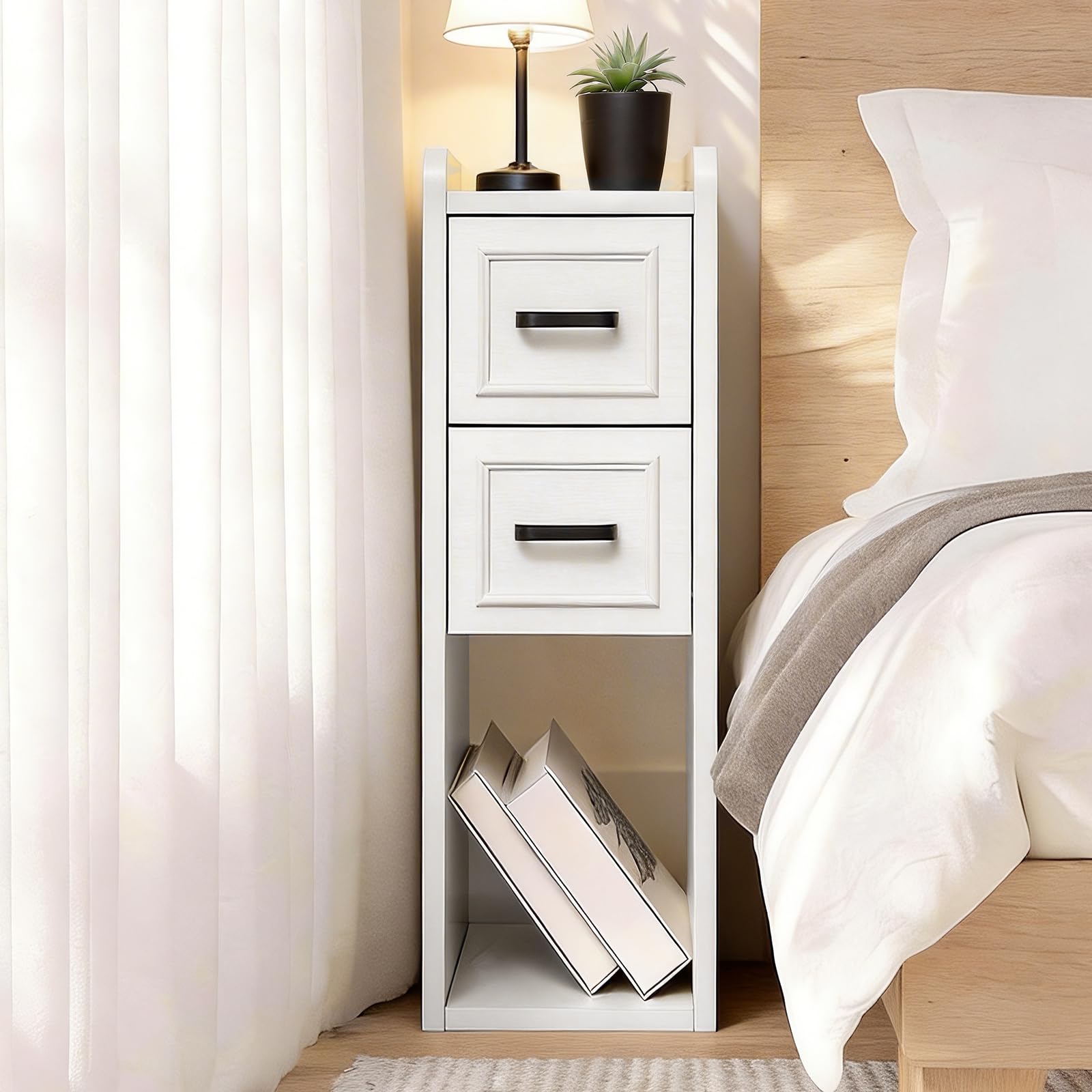 White Farmhouse Nightstand with Drawers