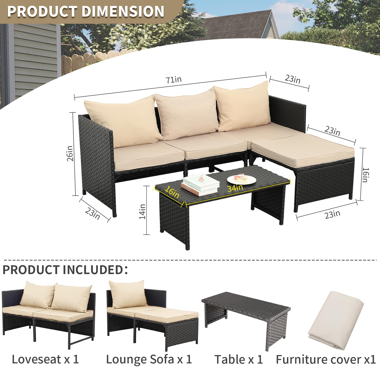 3-Piece Outdoor Patio Furniture Set with Cushions
