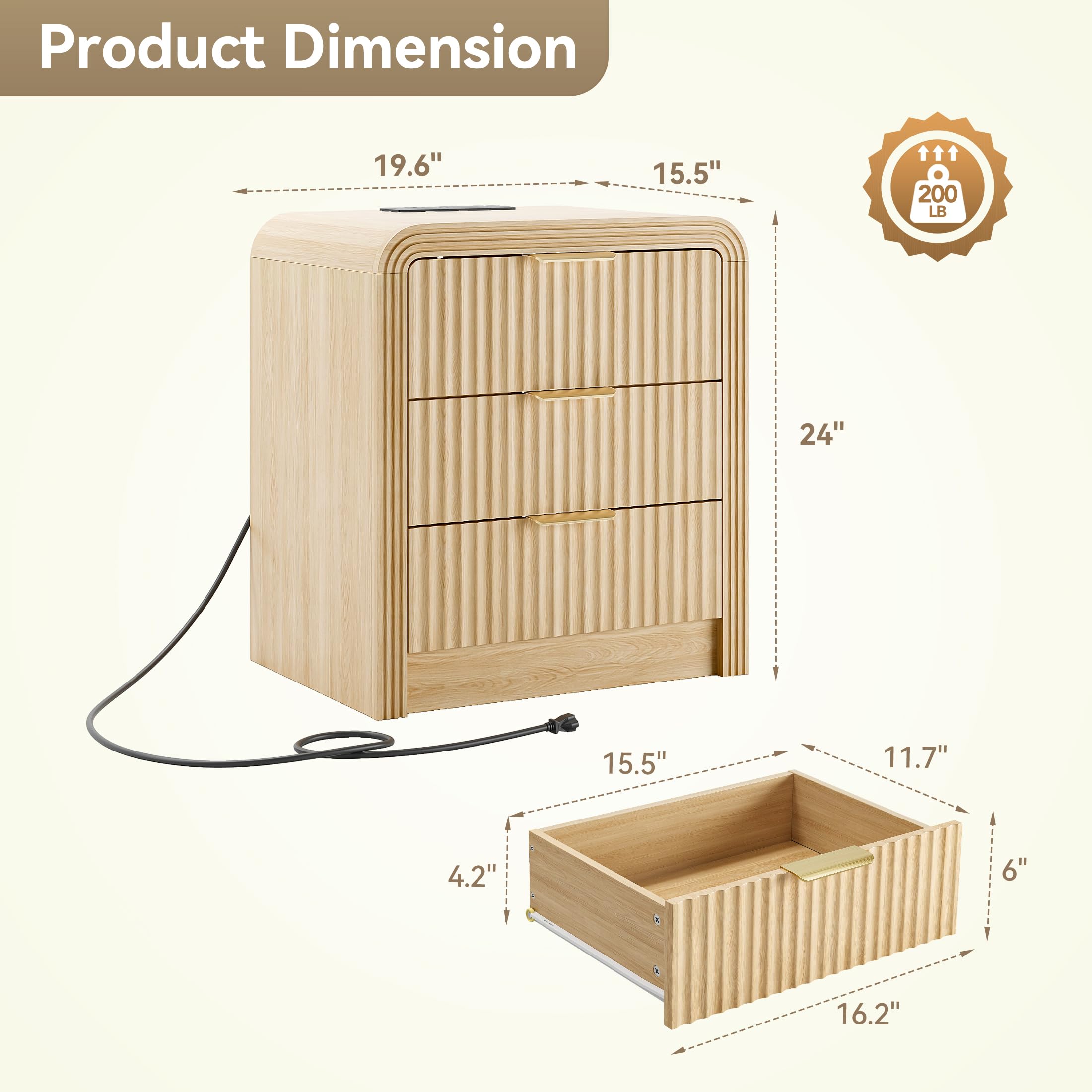 Fluted Nightstand with Charging Station and 3 Drawers
