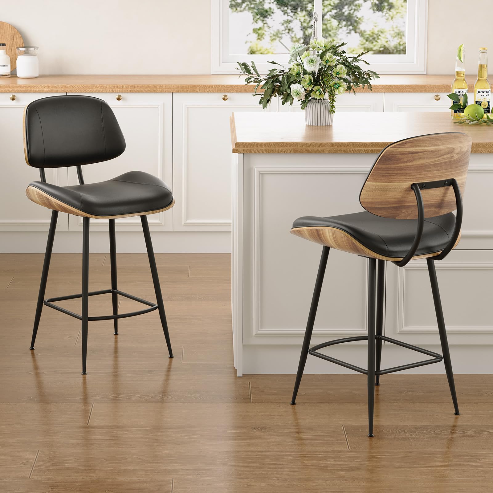 Mid Century Modern Barstool Set of 2 - PU Leather Counter Height Stools with Walnut Bentwood Back