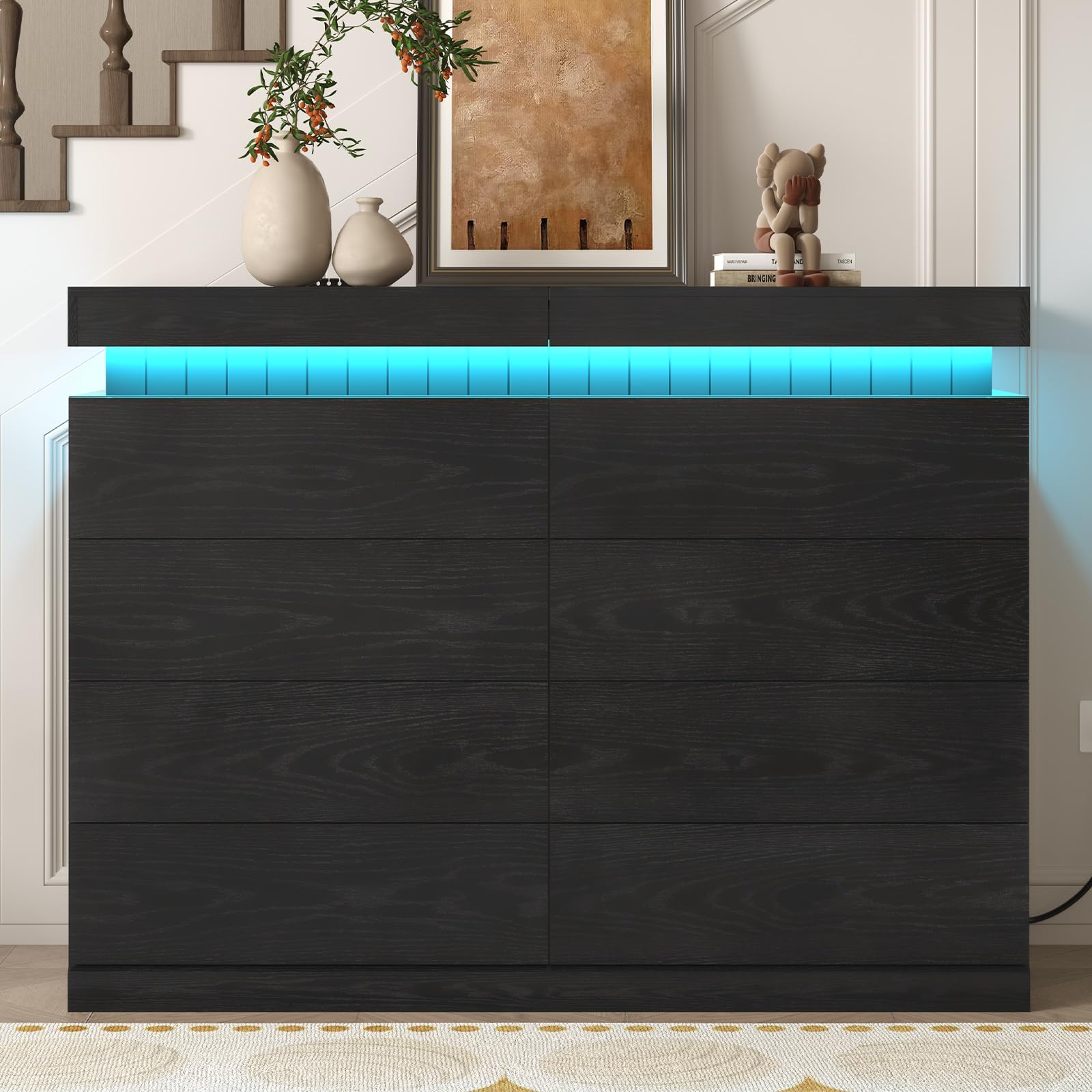 Tall Black 8-Drawer Dresser with LED Light and Power Outlet