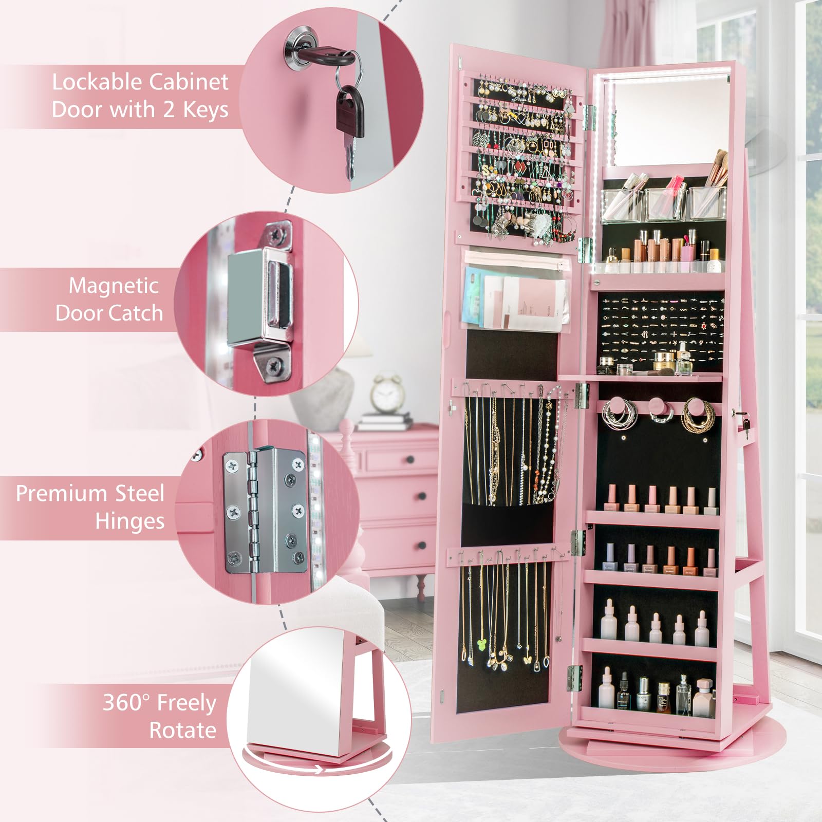 360° Swivel Jewelry Armoire with Full Length Mirror