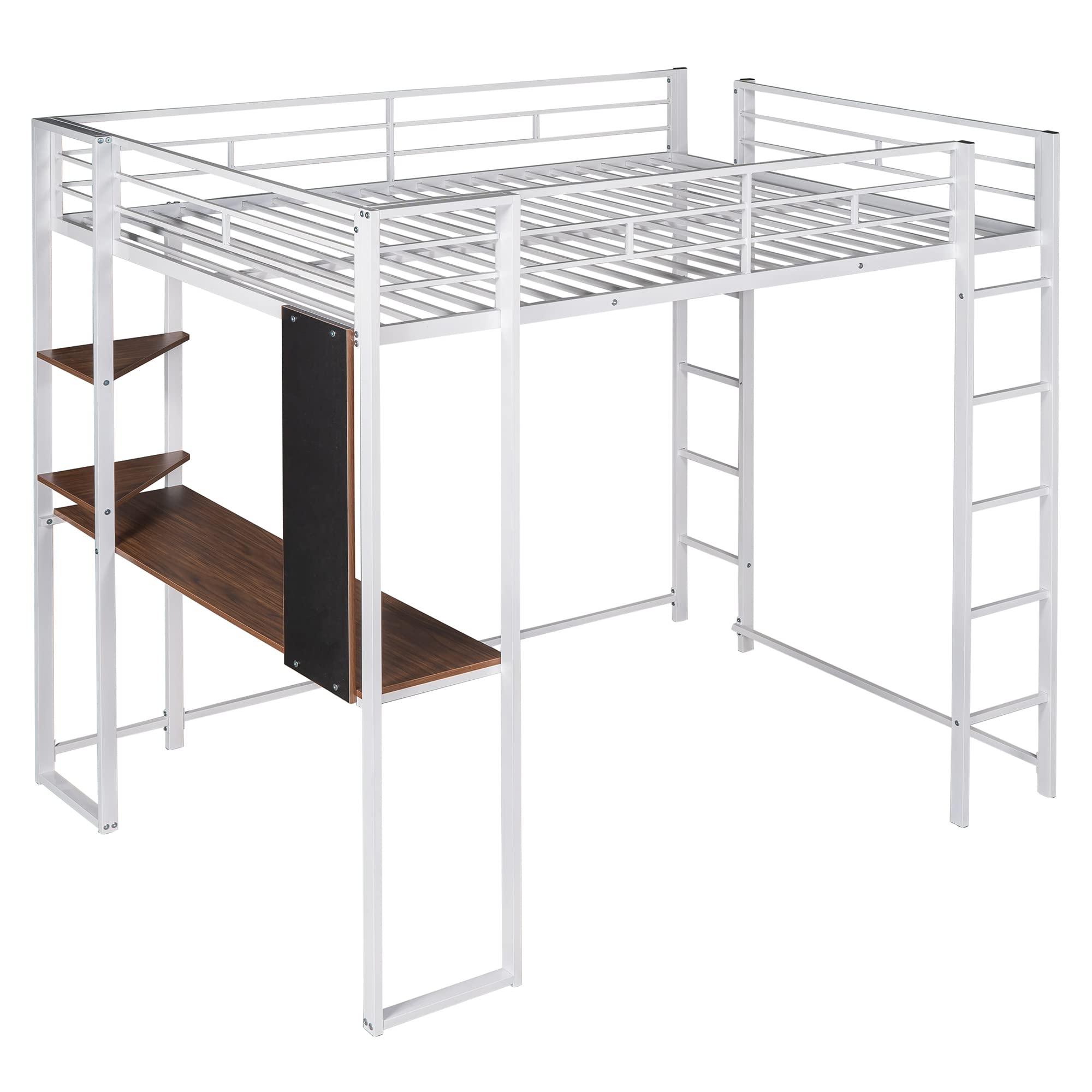 Full Loft Bed with Desk and Ladder - White Metal Frame