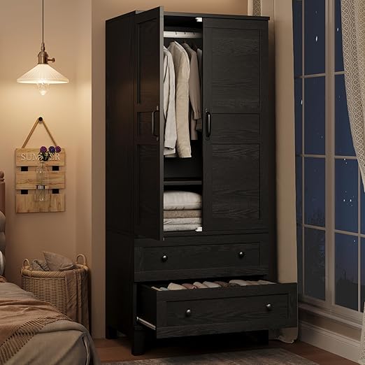 72-Inch Wooden Armoire Wardrobe with 2 Drawers and 18 Adjustable Shelves