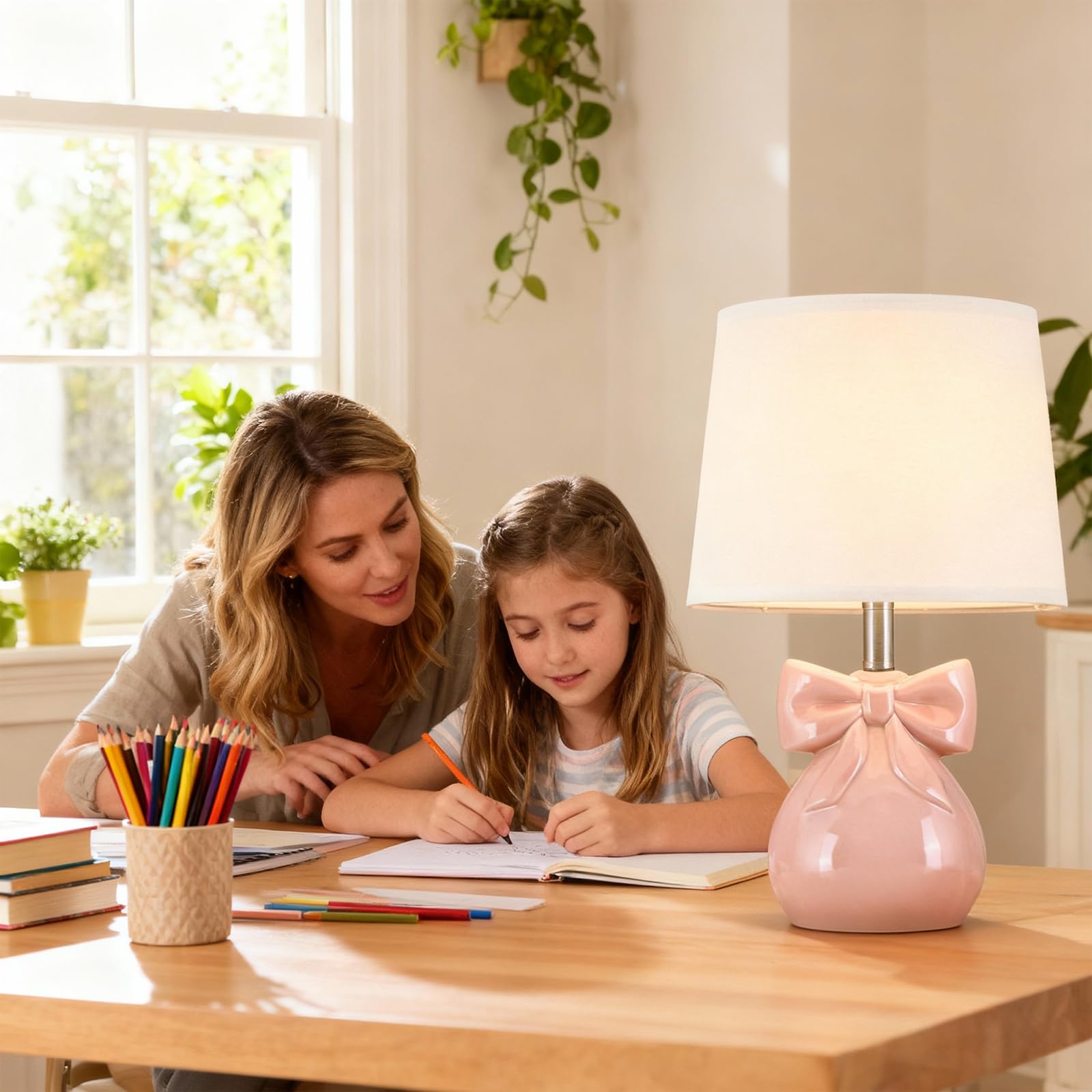 Pink Bow Ceramic Table Lamps Set of 2 - 19" Bedside Lamps with Bulbs