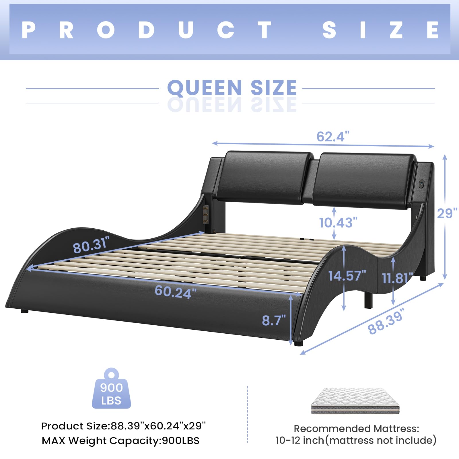 Queen Bed Frame with LED Lights and Charging Ports