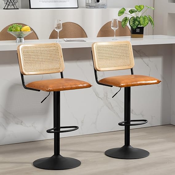 Modern Rattan Bar Stools Set of 2 - Swivel Seat with Adjustable Height