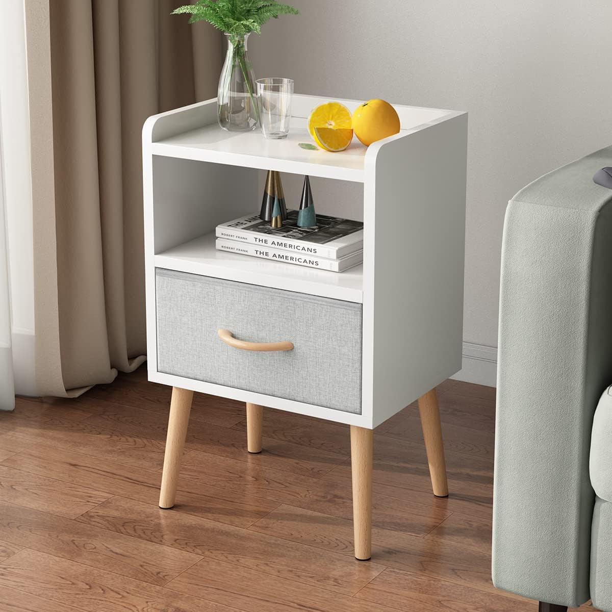 White Mid Century Modern Nightstand with Drawer