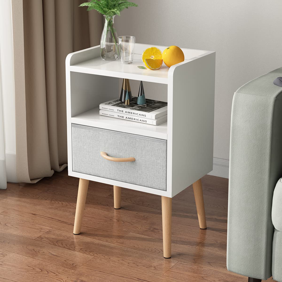 White Mid Century Modern Nightstand with Drawer