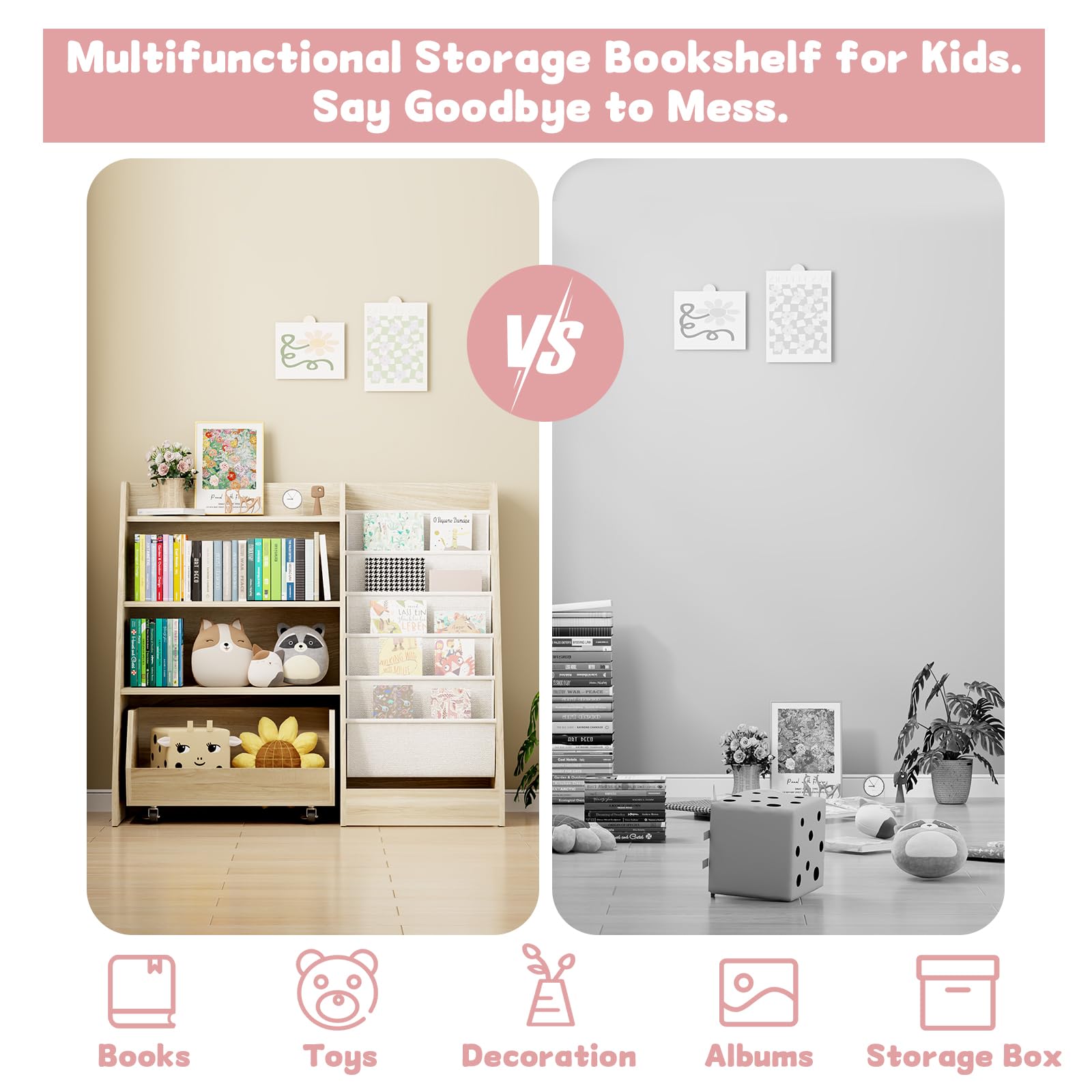 Kids Bookshelf and Toy Storage 4 Tier with Movable Drawer