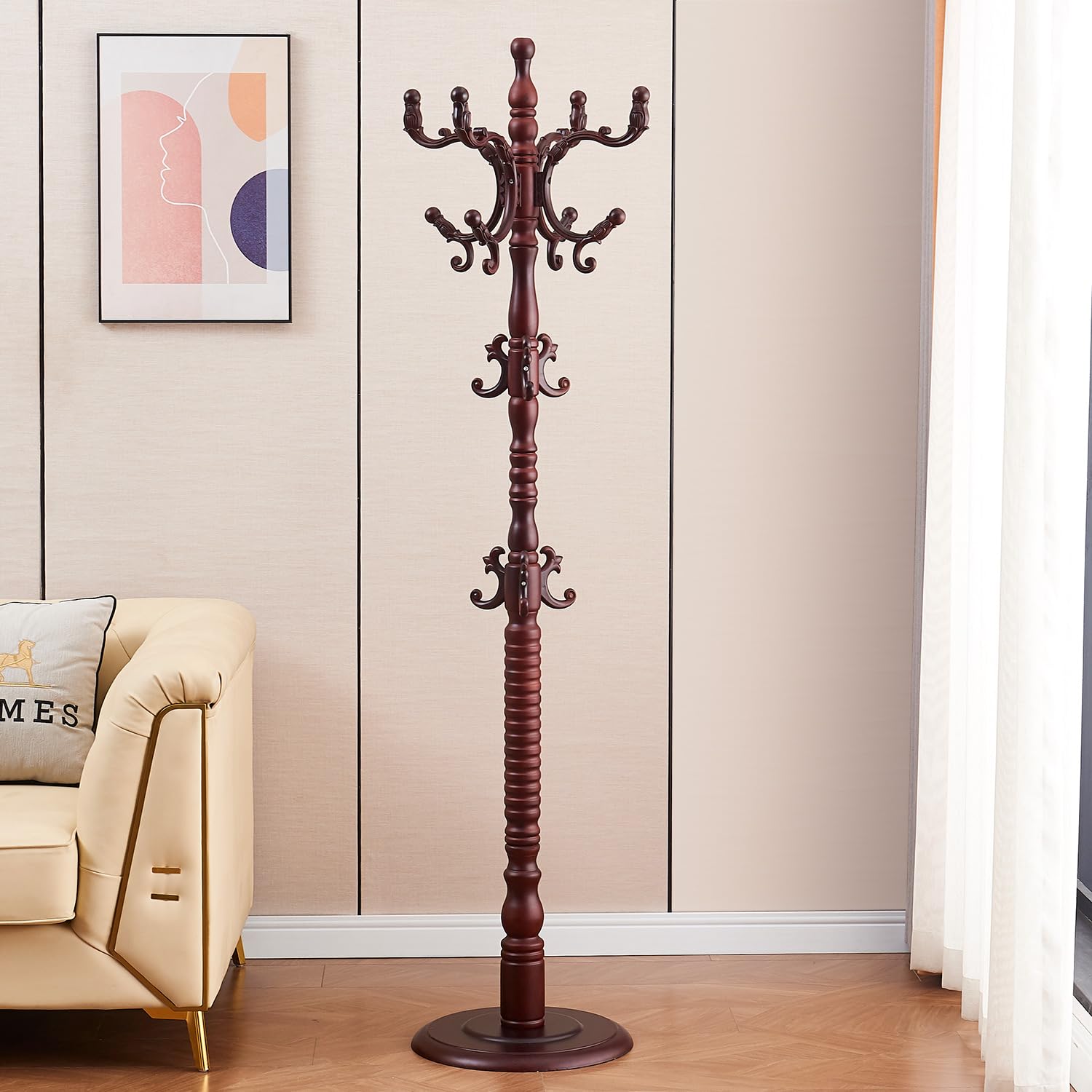 Wooden Freestanding Coat Rack with 14 Hooks