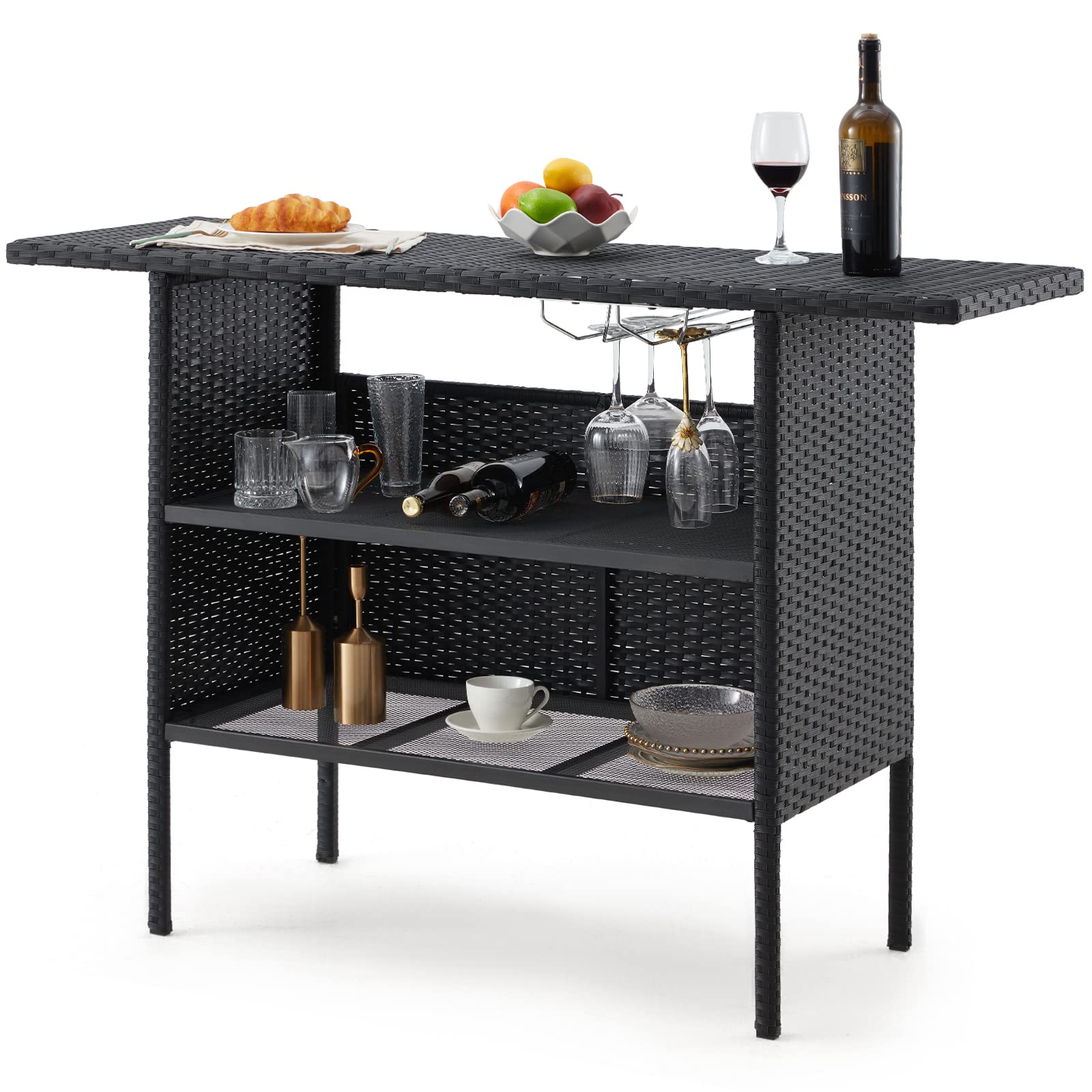 Outdoor Wicker Bar Table with Wine Glass Rack