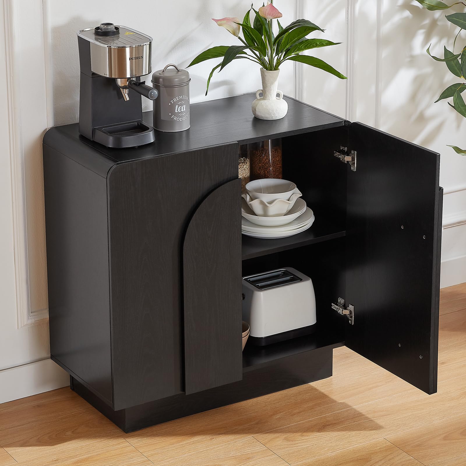 Curved Sideboard Buffet Cabinet with Adjustable Shelves