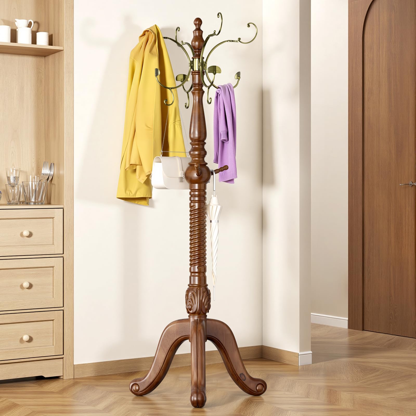 Freestanding Coat Rack with 12 Metal Hooks