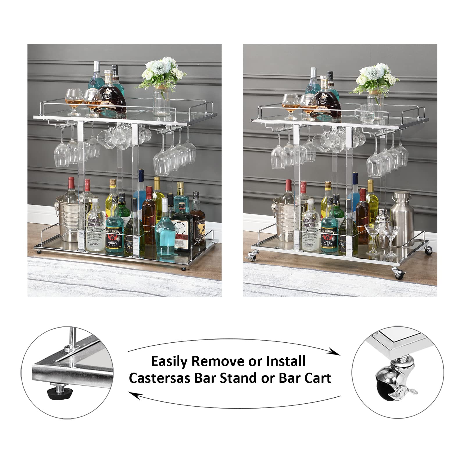 Silver Bar Cart with Wine Rack 2-Tier Acrylic Rolling Cart