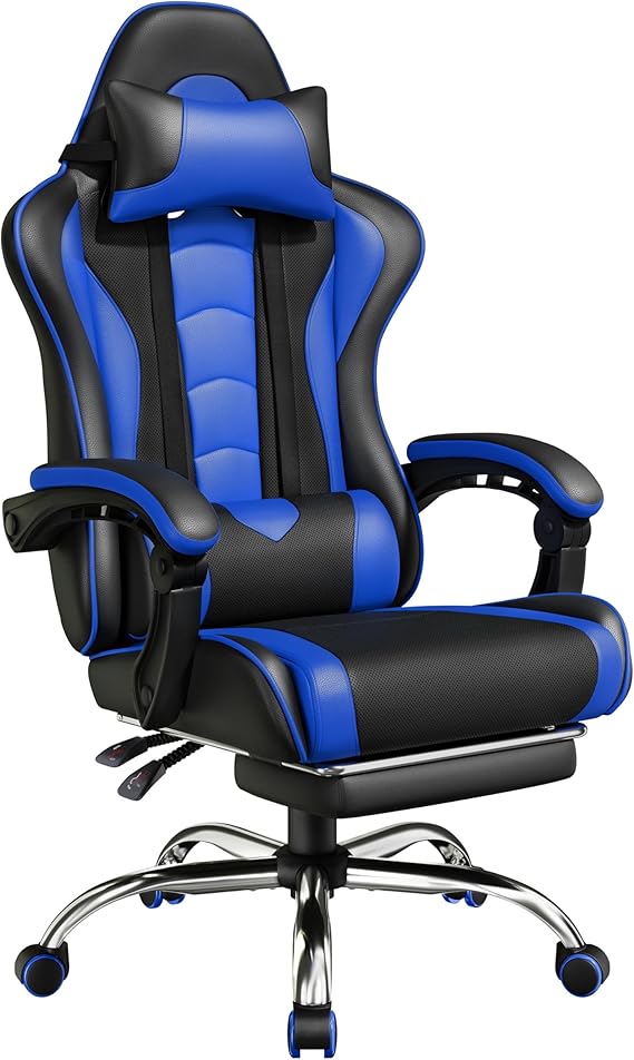 Gaming Chair with Massage Lumbar Support and Footrest
