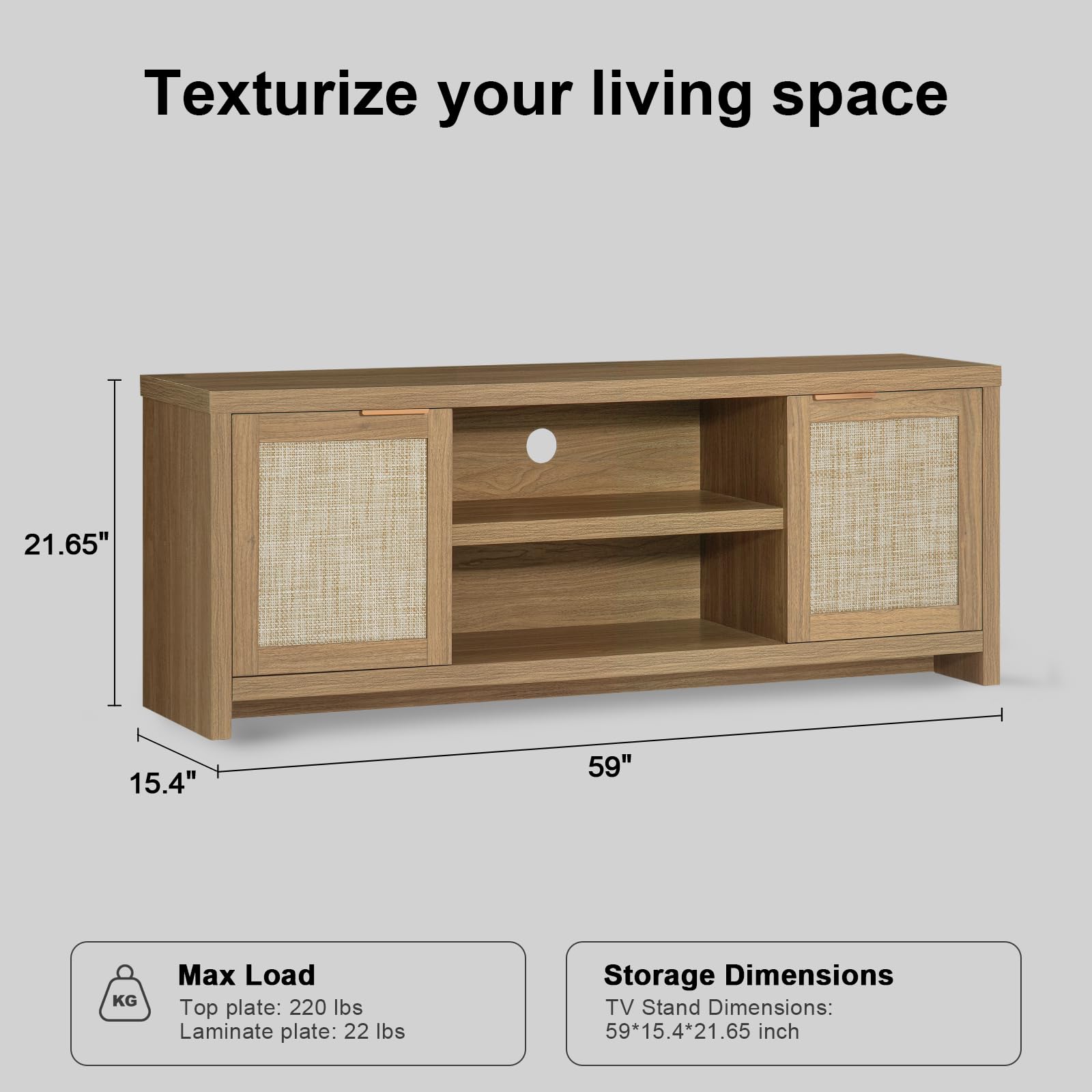 TV Stand with Rattan Doors for 50-65 Inch TVs