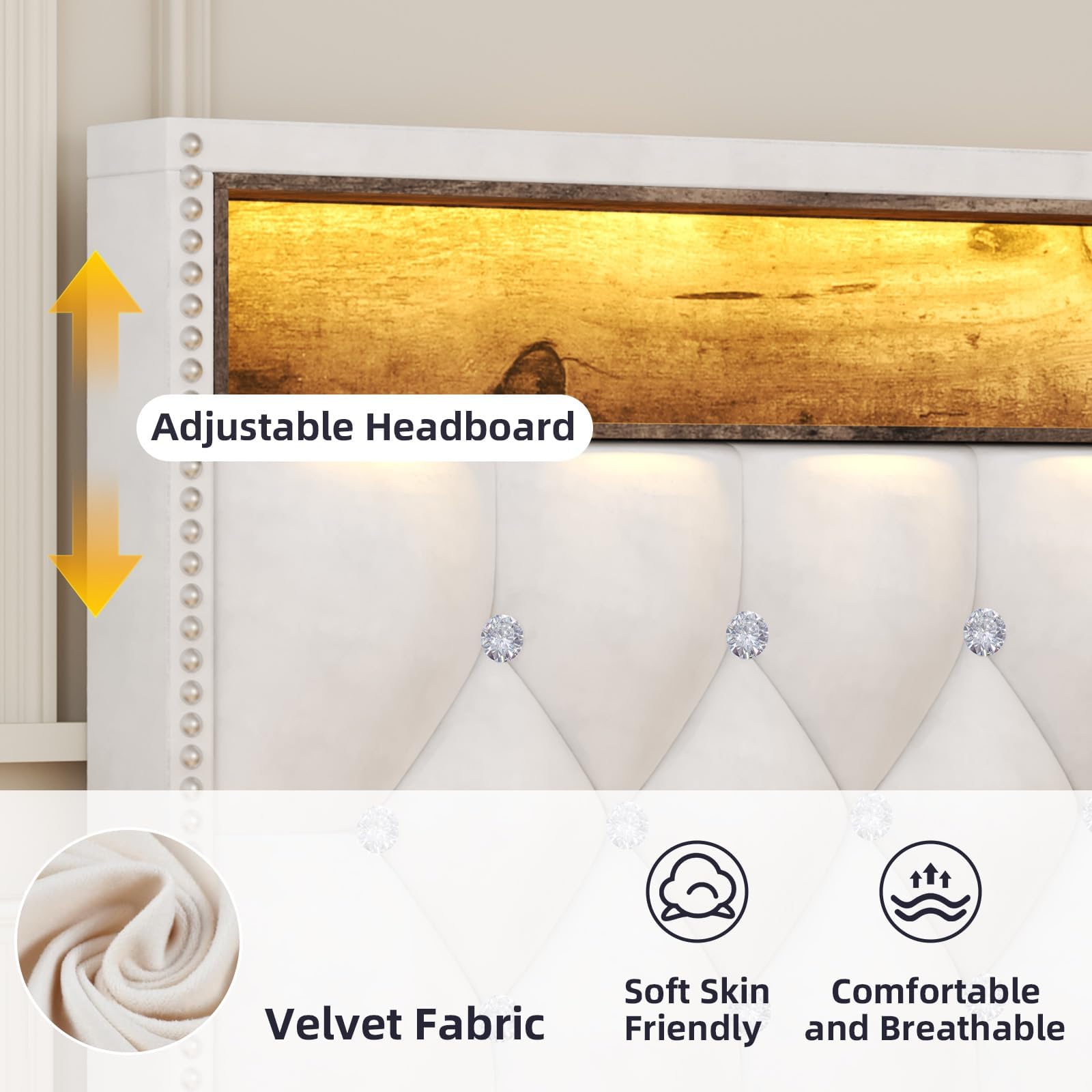 King Size Velvet Bed Frame with LED Lights