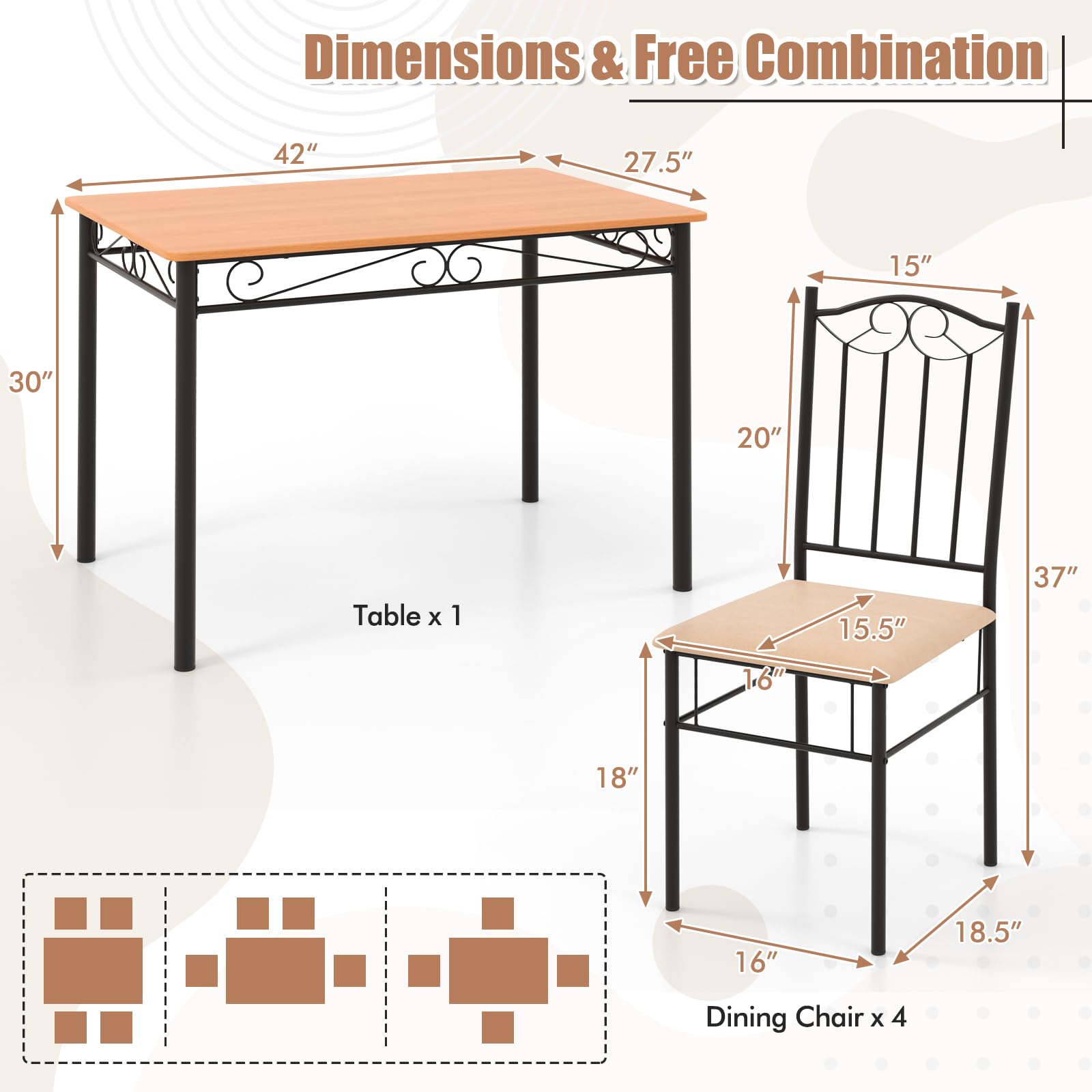 5-Piece Dining Table Set with Cushioned Chairs