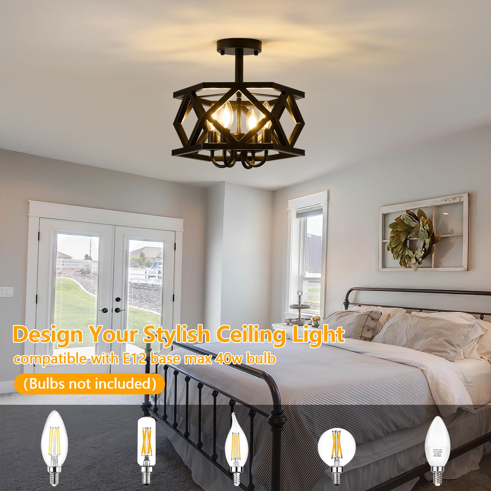 Black Semi Flush Mount Ceiling Light 4-Light Farmhouse Chandelier