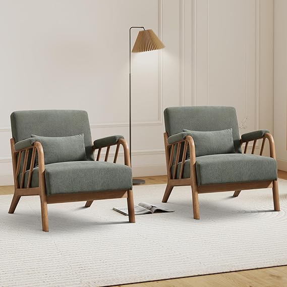 IOMOR Mid Century Modern Accent Chair with Solid Wood Frame, Upholstered Living Room Chairs with Lumbar Cushion Padded Arms, Reading Armchair for Bedroom (1, Olive Green)